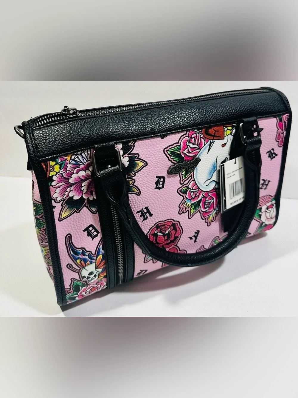 Ed Hardy Pink Floral Tattoo-Print Satchel Handbag